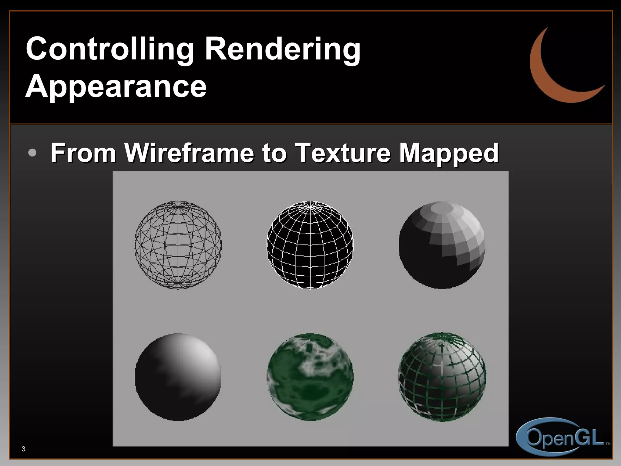 Controlling Rendering Appearance From Wireframe to Texture Mapped 