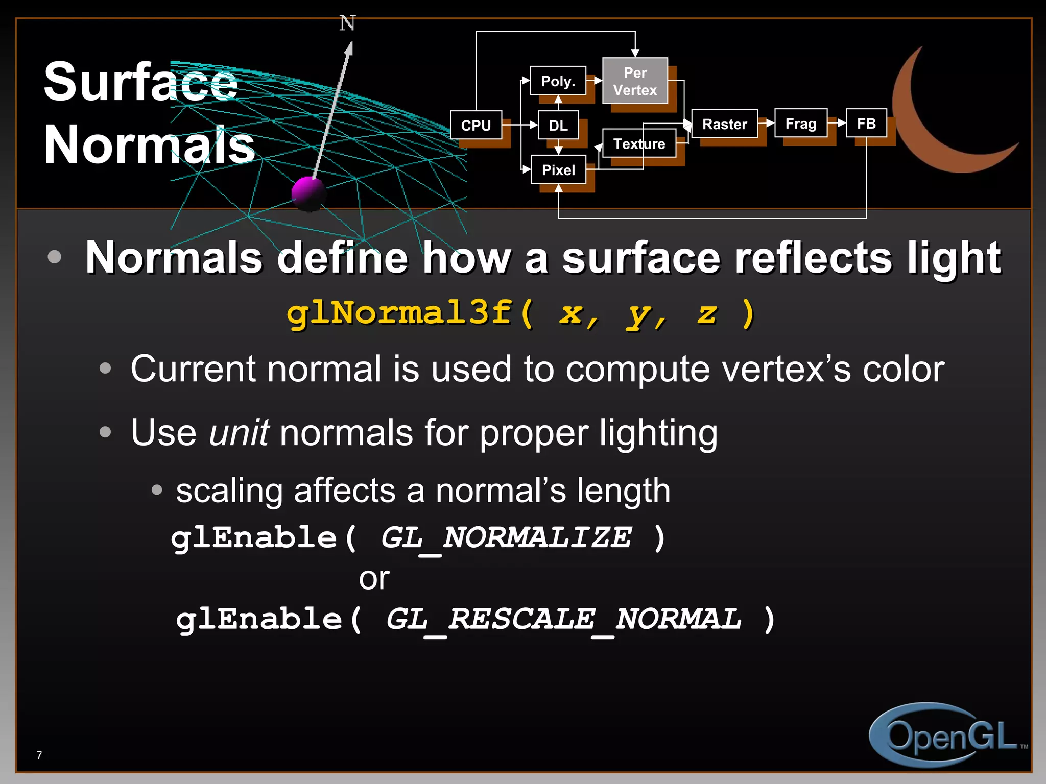 Surface Normals Normals define how a surface reflects light glNormal3f(  x, y, z  ) Current normal is used to compute vertex’s color Use  unit  normals for proper lighting scaling affects a normal’s length glEnable(  GL_NORMALIZE  ) or glEnable(  GL_RESCALE_NORMAL  ) CPU DL Poly. Per Vertex Raster Frag FB Pixel Texture 