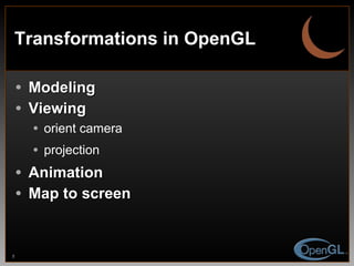 Transformations in OpenGL Modeling Viewing orient camera projection Animation Map to screen 