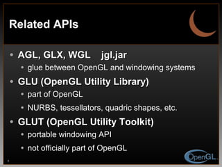Related APIs AGL, GLX, WGL  jgl.jar glue between OpenGL and windowing systems GLU (OpenGL Utility Library) part of OpenGL NURBS, tessellators, quadric shapes, etc. GLUT (OpenGL Utility Toolkit) portable windowing API not officially part of OpenGL 
