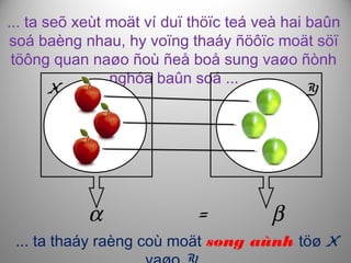 ... ta seõ xeùt moät ví duï thöïc teá veà hai baûn
soá baèng nhau, hy voïng thaáy ñöôïc moät söï
töông quan naøo ñoù ñeå boå sung vaøo ñònh
nghóa baûn soá ...
α = β
X Y
... ta thaáy raèng coù moät song aùnh töø X
 