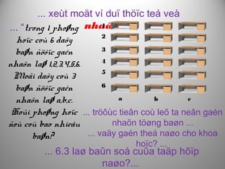 ... xeùt moät ví duï thöïc teá veà
nhaân ...... “trong 1 phoøng
hoïc coù 6 daõy
baøn ñöôïc gaén
nhaõn laø 1,2,3,4,5,6.
Moãi daõy coù 3
baøn ñöôïc gaén
nhaõn laø a,b,c.
Hoûi phoøng hoïc
ñoù coù bao nhieâu
baøn?
... tröôùc tieân coù leõ ta neân gaén
nhaõn töøng baøn ...
... vaäy gaén theá naøo cho khoa
hoïc? ...
1
2
3
4
5
6
a b c
... 6.3 laø baûn soá cuûa taäp hôïp
naøo?...
 