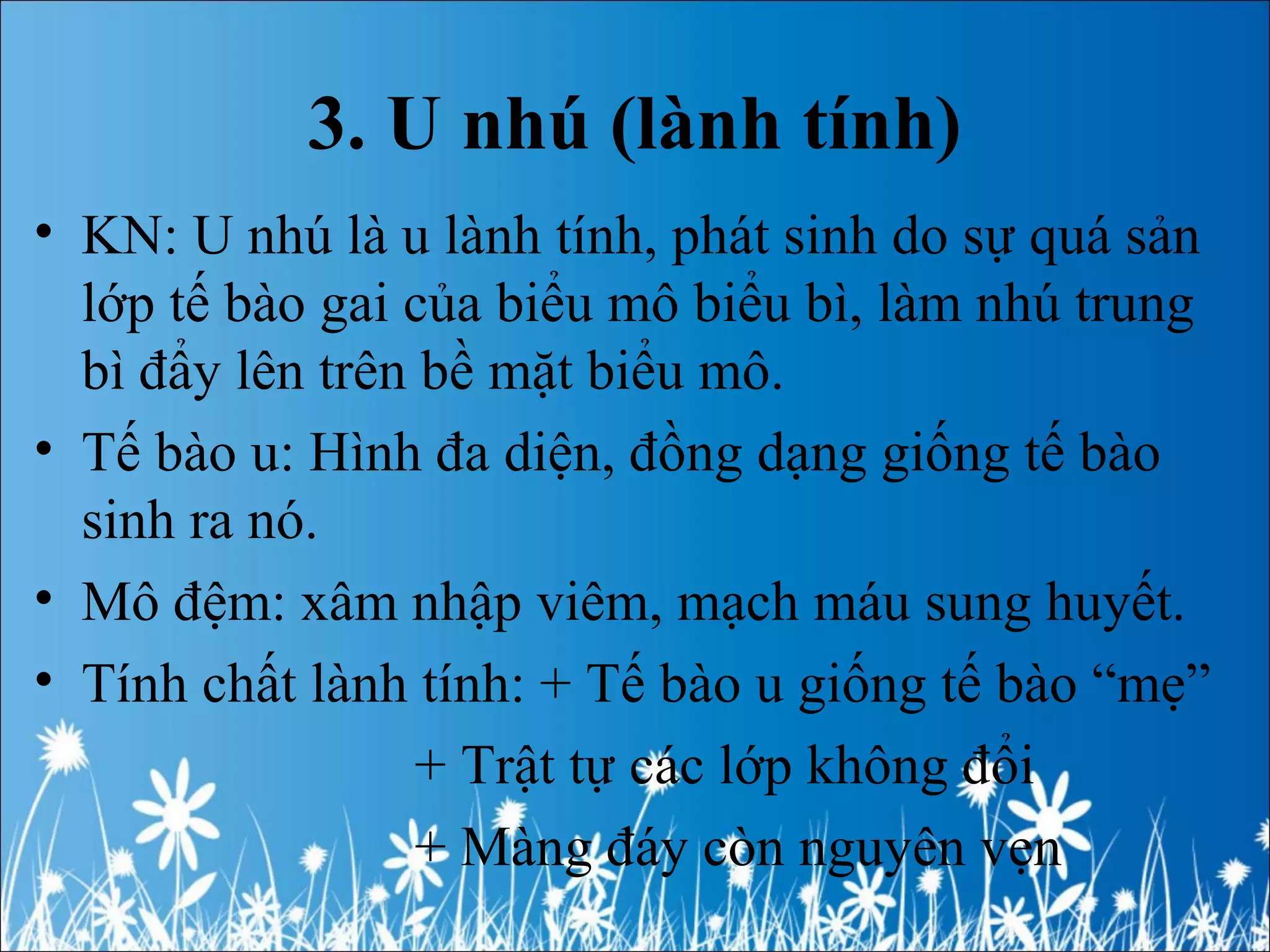 3. U nhú (lành tính)
• KN: U nhú là u lành tính, phát sinh do sự quá sản
lớp tế bào gai của biểu mô biểu bì, làm nhú trung
bì đẩy lên trên bề mặt biểu mô.
• Tế bào u: Hình đa diện, đồng dạng giống tế bào
sinh ra nó.
• Mô đệm: xâm nhập viêm, mạch máu sung huyết.
• Tính chất lành tính: + Tế bào u giống tế bào “mẹ”
+ Trật tự các lớp không đổi
+ Màng đáy còn nguyên vẹn
 