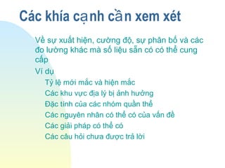 Các khía c nh c n xem xétạ ầ
Về sự xuất hiện, cường độ, sự phân bố và các
đo lường khác mà số liệu sẵn có có thể cung
cấp
Ví dụ
Tỷ lệ mới mắc và hiện mắc
Các khu vực địa lý bị ảnh hưởng
Đặc tính của các nhóm quần thể
Các nguyên nhân có thể có của vấn đề
Các giải pháp có thể có
Các câu hỏi chưa được trả lời
 