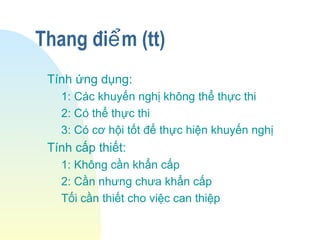 Thang đi m (tt)ể
Tính ứng dụng:
1: Các khuyến nghị không thể thực thi
2: Có thể thực thi
3: Có cơ hội tốt để thực hiện khuyến nghị
Tính cấp thiết:
1: Không cần khẩn cấp
2: Cần nhưng chưa khẩn cấp
Tối cần thiết cho việc can thiệp
 