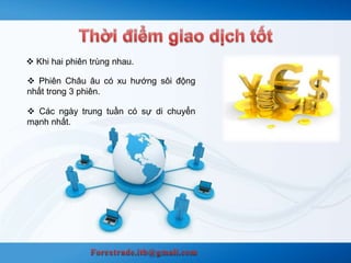  Khi hai phiên trùng nhau. 
 Phiên Châu âu có xu hướng sôi động 
nhất trong 3 phiên. 
 Các ngày trung tuần có sự di chuyển 
mạnh nhất. 
 