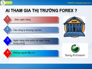 Mr Tùng - 0915 100 538 
1 Siêu ngân hàng 
Các công ty thương mại lớn 2 
Ngân hàng nhà nước và ngân hàng 
trung ương 
3 
4 Những người đầu cơ 
WEBSITE: daotaophucuong.com.vn 
 