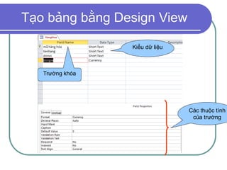 Tạo bảng bằng Design View
Trường khóa
Các thuộc tính
của trường
Kiểu dữ liệu
 