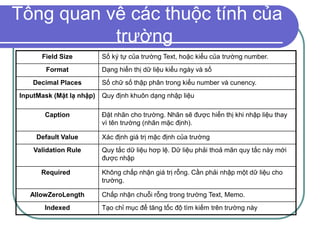 Tổng quan về các thuộc tính của
trường
Field Size Số ký tự của trường Text, hoặc kiểu của trường number.
Format Dạng hiển thị dữ liệu kiểu ngày và số
Decimal Places Số chữ số thập phân trong kiểu number và cunency.
InputMask (Mặt lạ nhập) Quy định khuôn dạng nhập liệu
Caption Đặt nhãn cho trường. Nhãn sẽ được hiển thị khi nhập liệu thay
vì tên trường (nhãn mặc định).
Default Value Xác định giá trị mặc định của trường
Validation Rule Quy tắc dữ liệu hơp lệ. Dữ liệu phải thoả mãn quy tắc này mới
được nhập
Required Không chấp nhận giá trị rỗng. Cần phải nhập một dữ liệu cho
trường.
AllowZeroLength Chấp nhận chuỗi rỗng trong trường Text, Memo.
Indexed Tạo chỉ mục để tăng tốc độ tìm kiếm trên trường này
 
