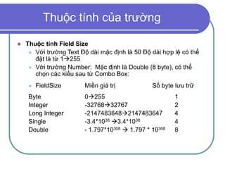 Thuộc tính của trường
 Thuộc tính Field Size
 Với trường Text Độ dài mặc định là 50 Độ dài hợp lệ có thể
đặt là từ 1255
 Với trường Number: Mặc định là Double (8 byte), có thể
chọn các kiểu sau từ Combo Box:
 FieldSize Miền giá trị Số byte lưu trữ
Byte 0255 1
Integer -3276832767 2
Long Integer -21474836482147483647 4
Single -3.4*1038 3.4*1038 4
Double - 1.797*10308  1.797 * 10308 8
 