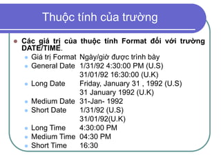 Thuộc tính của trường
 Các giá trị của thuộc tính Format đối với trường
DATE/TIME.
 Giá trị Format Ngày/giờ được trình bày
 General Date 1/31/92 4:30:00 PM (U.S)
31/01/92 16:30:00 (U.K)
 Long Date Friday, January 31 , 1992 (U.S)
31 January 1992 (U.K)
 Medium Date 31-Jan- 1992
 Short Date 1/31/92 (U.S)
31/01/92(U.K)
 Long Time 4:30:00 PM
 Medium Time 04:30 PM
 Short Time 16:30
 