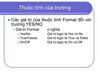 Thuộc tính của trường
 Các giá trị của thuộc tính Format đối với
trường YES/NO
 Giá trị Format ý nghĩa
 Yes/No Giá trị logic là Yes và No
 True/Falsse Giá trị logic là True và False
 On/Off Giá trị logic là On và Off
 