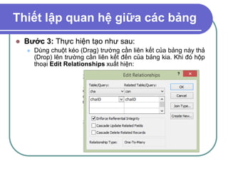 Thiết lập quan hệ giữa các bảng
 Bước 3: Thực hiện tạo như sau:
 Dùng chuột kéo (Drag) trường cần liên kết của bảng này thả
(Drop) lên trường cần liên kết đến của bảng kia. Khi đó hộp
thoại Edit Relationships xuất hiện:
 