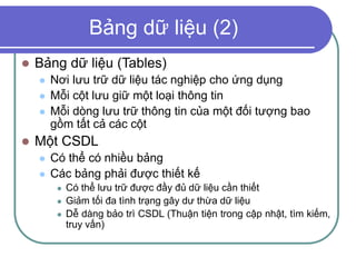 Bảng dữ liệu (2)
 Bảng dữ liệu (Tables)
 Nơi lưu trữ dữ liệu tác nghiệp cho ứng dụng
 Mỗi cột lưu giữ một loại thông tin
 Mỗi dòng lưu trữ thông tin của một đối tượng bao
gồm tất cả các cột
 Một CSDL
 Có thể có nhiều bảng
 Các bảng phải được thiết kế
 Có thể lưu trữ được đầy đủ dữ liệu cần thiết
 Giảm tối đa tình trạng gây dư thừa dữ liệu
 Dễ dàng bảo trì CSDL (Thuận tiện trong cập nhật, tìm kiếm,
truy vấn)
 