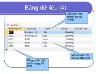 Bảng dữ liệu (4)
Mỗi cột là một
trường dữ liệu
(Field)
Mỗi dòng là một
bản ghi (Record)
Bản ghi đặc biệt
cuối cùng gọi là
EOF
 