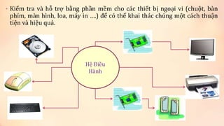 • Kiểm tra và hỗ trợ bằng phần mềm cho các thiết bị ngoại vi (chuột, bàn 
phím, màn hình, loa, máy in ….) để có thể khai thác chúng một cách thuận 
tiện và hiệu quả. 
Hệ Điều 
Hành 
 