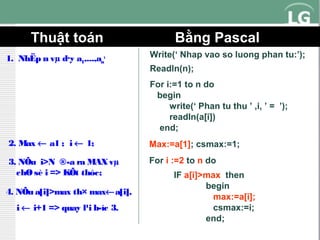 Thuật toán
1. NhËp n vµ d·y a1,...,an;

Bằng Pascal
Write(‘ Nhap vao so luong phan tu:’);
Readln(n);
For i:=1 to n do
begin
write(‘ Phan tu thu ’ ,i, ’ = ’);
readln(a[i])
end;

2. Max ← a1 ; i ← 1;

Max:=a[1]; csmax:=1;

3. NÕu i>N ®­a ra MAX vµ
chØ sè i => KÕt thóc;

For i :=2 to n do

4. NÕu a[i]>max th× max←a[i],
i ← i+1 => quay l¹i b­íc 3.

IF a[i]>max then
begin
max:=a[i];
csmax:=i;
end;

 