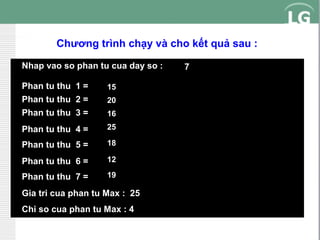 Chương trình chạy và cho kết quả sau :
Nhap vao so phan tu cua day so :
Phan tu thu 1 =
Phan tu thu 2 =
Phan tu thu 3 =

15

Phan tu thu 4 =

25

Phan tu thu 5 =

18

Phan tu thu 6 =

12

Phan tu thu 7 =

19

20
16

Gia tri cua phan tu Max : 25
Chi so cua phan tu Max : 4

7

 
