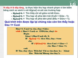 Vì dãy A là dãy tăng , ta thực hiện thu hẹp nhanh phạm vi tìm kiếm
bằng cách so sánh k với A[giua] và xét các trường hợp
- A[giua]=k  Tìm thấy chỉ số giữa và kết thúc;
- A[giua]>k  Thu hẹp về phía bên trái (Cuối = Giữa - 1);
- A[giua]<k  Thu hẹp về phía bên phải (Đầu = Giữa + 1);

Quá trình trên được lặp lại chừng nào còn tìm thấy hoặc
Dau <= Cuoi
Dau:=1; Cuoi:=n; tim_thay:=false;
while ( Dau<= Cuoi) or AND (tim_thay) do
Begin
Giua:= (Dau+Cuoi) div 2;
IF A[giua] = k then Tim_thay :=true
else
IF (A[Giua]>k) then Cuoi := Giua – 1
else Dau := Giua +1;
end;
IF Tim_thay then W
riteln(‘ Chi so tim duoc la : ’,Giua)
Else W
riteln(‘Khong tim thay’);

 