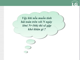 Vậy khi nếu muốn tính
Vậy khi nếu muốn tính
bài toán trên với N ngày
bài toán trên với N ngày
lớn( N=366) thì sẽ gặp
lớn( N=366) thì sẽ gặp
khó khăn gì ?
khó khăn gì ?

 