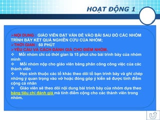 HOẠT ĐỘNG 1



NỘI DUNG : GIÁO VIÊN ĐẶT VẤN ĐỀ VÀO BÀI SAU ĐÓ CÁC NHÓM
TRÌNH BÀY KẾT QUẢ NGHIÊN CỨU CỦA NHÓM;
THỜI GIAN : 60 PHÚT
YÊU CẦU VÀ CÁCH ĐÁNH GIÁ CHO ĐIỂM NHÓM.
 Mỗi nhóm chỉ có thời gian là 15 phút cho bài trình bày của nhóm
mình
 Mỗi nhóm nộp cho giáo viên bảng phân công công việc của các
thành viên
 Học sinh thuộc các tổ khác theo dõi tổ bạn trình bày và ghi chép
những ý quan trọng vào vở hoặc đóng góp ý kiến sẽ đƣợc tính điểm
cộng cá nhân
 Giáo viên sẽ theo dõi nội dung bài trình bày của nhóm dựa theo
bảng tiêu chí đánh giá mà tính điểm cộng cho các thành viên trong
nhóm.
 