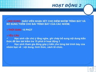 HOẠT ĐỘNG 2



NỘI DUNG: GIÁO VIÊN NHẬN XÉT CHO ĐIỂM NHÓM TRÌNH BÀY VÀ
BỔ SUNG THÊM CHO BÀI TRÌNH BÀY CỦA CÁC NHÓM;

THỜI GIAN: 15 PHÚT

YÊU CẦU
     Học sinh cần chú ý lắng nghe, ghi chép bổ sung nội dung kiến
thức để làm bài kiểm tra 15 phút ở hoạt động 3
     Học sinh tham gia đóng góp ý kiến cho từng bài trình bày của
nhóm bạn về : nội dung, hình thức, cách tổ chức.
 
