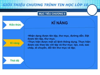 GIỚI THIỆU CHƯƠNG TRÌNH TIN HỌC LỚP 10

                       MỤC TIÊU CHƢƠNG II



  Kiến thức
                                 KĨ NĂNG


              •Nhận dạng đƣợc tên tệp, thƣ mục, đƣờng dẫn. Đặt
              đƣợc tên tệp, thƣ mục;
              •Thực hiện đƣợc một số lệnh thông dụng. Thực hiện
   Kĩ năng
              đƣợc các thao tác với tệp và thƣ mục: tạo, xoá, sao
              chép, di chuyển, đổi tên thƣ mục và tệp;




   Thái độ
 