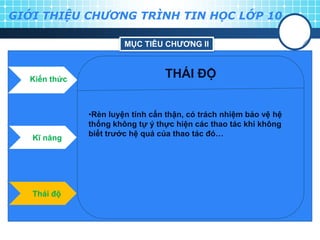 GIỚI THIỆU CHƯƠNG TRÌNH TIN HỌC LỚP 10

                       MỤC TIÊU CHƢƠNG II



  Kiến thức
                                 THÁI ĐỘ


              •Rèn luyện tính cẩn thận, có trách nhiệm bảo vệ hệ
              thống không tự ý thực hiện các thao tác khi không
              biết trƣớc hệ quả của thao tác đó…
   Kĩ năng




   Thái độ
 