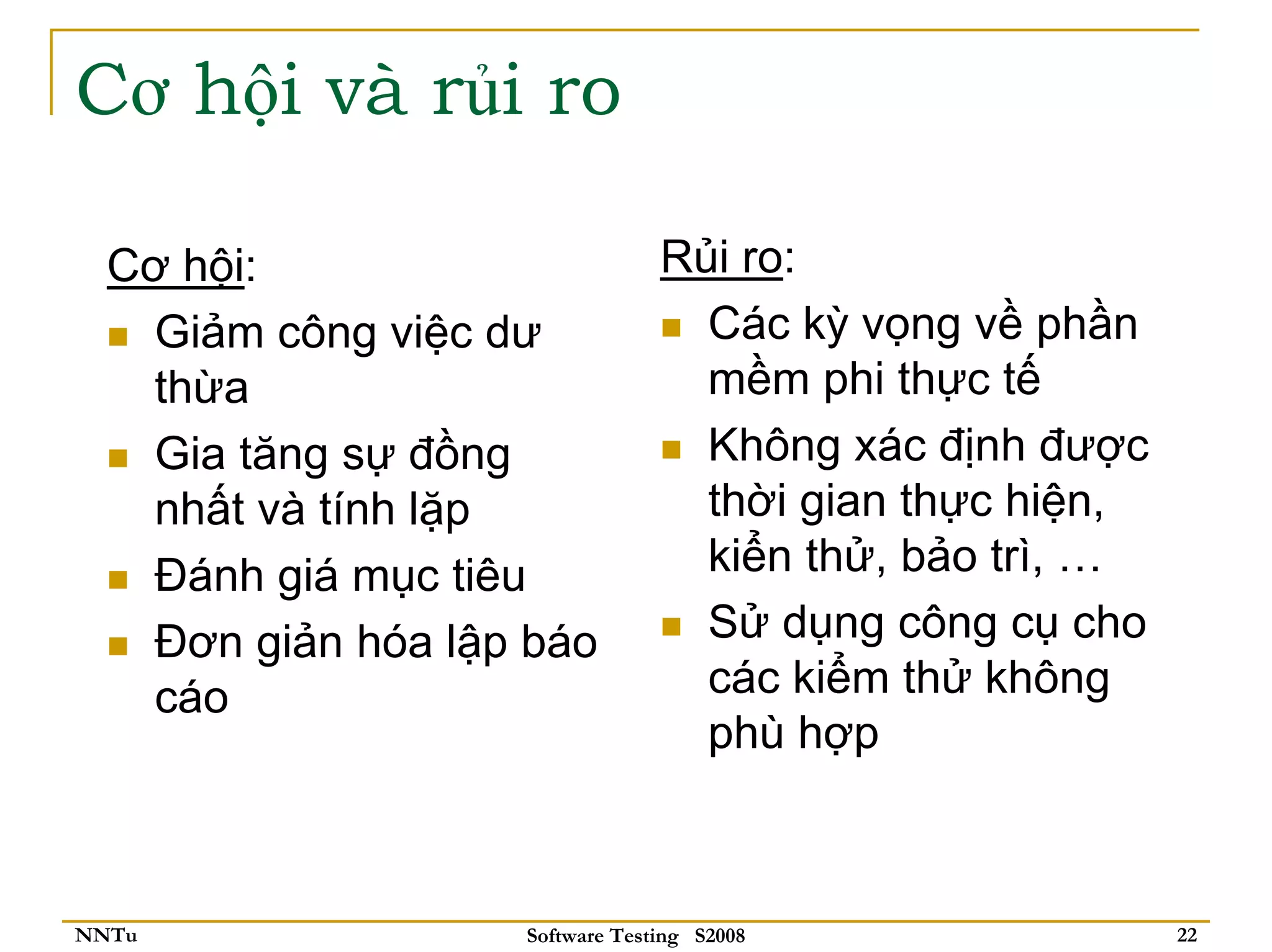 Cơ hội và rủi ro

  Cơ hội:                       Rủi ro:
   Giảm công việc dư              Các kỳ vọng về phần
   thừa                           mềm phi thực tế
   Gia tăng sự đồng               Không xác định được
   nhất và tính lặp               thời gian thực hiện,
   Đánh giá mục tiêu              kiển thử, bảo trì, …
   Đơn giản hóa lập báo           Sử dụng công cụ cho
   cáo                            các kiểm thử không
                                  phù hợp



NNTu               Software Testing S2008                22
 