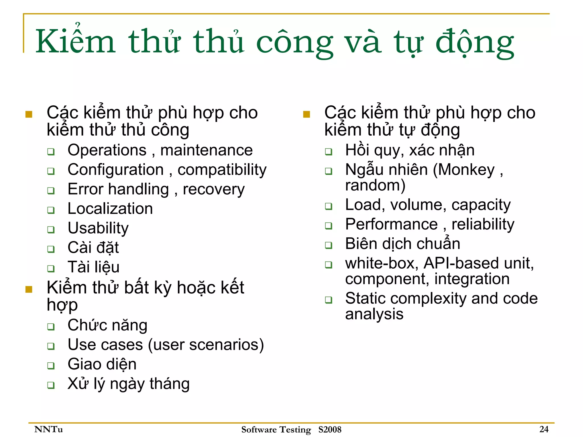 Kiểm thử thủ công và tự động
 Các kiểm thử phù hợp cho                         Các kiểm thử phù hợp cho
 kiểm thử thủ công                                kiểm thử tự động
       Operations , maintenance                          Hồi quy, xác nhận
       Configuration , compatibility                     Ngẫu nhiên (Monkey ,
       Error handling , recovery                         random)
       Localization                                      Load, volume, capacity
       Usability                                         Performance , reliability
       Cài đặt                                           Biên dịch chuẩn
       Tài liệu                                          white-box, API-based unit,
                                                         component, integration
 Kiểm thử bất kỳ hoặc kết
 hợp                                                     Static complexity and code
                                                         analysis
       Chức năng
       Use cases (user scenarios)
       Giao diện
       Xử lý ngày tháng

NNTu                            Software Testing S2008                                24
 