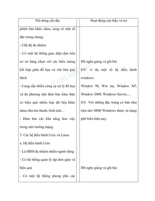 Nội dung cần đạt

Hoạt động của thầy và trò

phiên bản khác nhau, song có một số
đặc trưng chung:
- Chế độ đa nhiệm
- Có một hệ thống giao diện dựa trên
cơ sở bảng chọn với các biểu tượng

HS nghe giảng và ghi bài

kết hợp giữa đồ họa và văn bản giải

GV: ví dụ một số hệ điều hành

thích

windows

- Cung cấp nhiều công cụ xử lý đồ họa

Window 98, Win me, Window XP,

và đa phương tiện đảm bảo khai thác

Window 2000, Windows Server,....

có hiệu quả nhiều loại dữ liệu khác

GV: Với những đặc trưng cơ bản như

nhau như âm thanh, hình ảnh....

trên nên HĐH Windows được sử dụng

- Đảm bảo các khả năng làm việc

phổ biến hiện nay.

trong môi trường mạng.
3. Các hệ điều hành Unix và Linux
a. Hệ điều hành Unix
- Là HĐH đa nhiệm nhiều người dùng
- Có hệ thống quản lý tệp đơn giản và
hiệu quả
- Có một hệ thống phong phú các

HS nghe giảng và ghi bài.

 