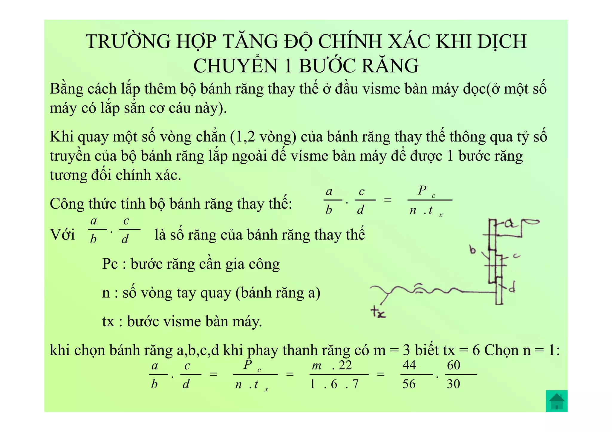 TRƯỜNG HỢP TĂNG ĐỘ CHÍNH XÁC KHI DỊCH
CHUYỂN 1 BƯỚC RĂNG
Bằng cách lắp thêm bộ bánh răng thay thế ở đầu visme bàn máy dọc(ở một số
máy có lắp sẳn cơ cáu này).
Khi quay một số vòng chẳn (1,2 vòng) của bánh răng thay thế thông qua tỷ số
truyền của bộ bánh răng lắp ngoài đế vísme bàn máy để được 1 bước răng
tương đối chính xác.
Công thức tính bộ bánh răng thay thế:
Với là số răng của bánh răng thay thế
Pc : bước răng cần gia công
n : số vòng tay quay (bánh răng a)
tx : bước visme bàn máy.
khi chọn bánh răng a,b,c,d khi phay thanh răng có m = 3 biết tx = 6 Chọn n = 1:
x
c
tn
P
d
c
b
a
.
. 
d
c
b
a
.
30
60
.
56
44
7.6.1
22.
.
. 
m
tn
P
d
c
b
a
x
c
 