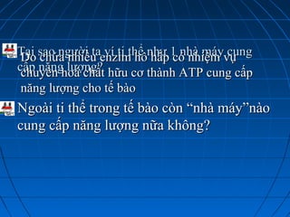 Tại sao người ta ví ti thể như 1 nhà máy cungTại sao người ta ví ti thể như 1 nhà máy cung
cấp năng lượng?cấp năng lượng?
Do chứa nhiều enzim hô hấp có nhiệm vụDo chứa nhiều enzim hô hấp có nhiệm vụ
chuyển hoá chất hữu cơ thành ATP cung cấpchuyển hoá chất hữu cơ thành ATP cung cấp
năng lượng cho tế bàonăng lượng cho tế bào
Ngoài ti thể trong tế bào còn “nhà máy”nàoNgoài ti thể trong tế bào còn “nhà máy”nào
cung cấp năng lượng nữa không?cung cấp năng lượng nữa không?
 