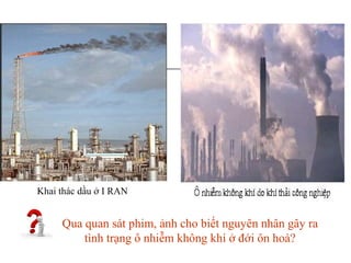 Khai thác dầu ở I RAN
Qua quan sát phim, ảnh cho biết nguyên nhân gây ra
tình trạng ô nhiễm không khí ở đới ôn hoà?
 