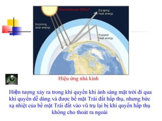 Hiệu ứng nhà kính
Hiện tượng xảy ra trong khí quyển khi ánh sáng mặt trời đi qua
khí quyển dễ dàng và được bề mặt Trái đất hấp thụ, nhưng bức
xạ nhiệt của bề mặt Trái đất vào vũ trụ lại bị khí quyển hấp thụ
không cho thoát ra ngoài
 