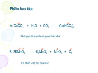 Phiếu học tập: 
+4 +4 
A. CaCO3 + H2O + CO2 Ca(HCO3)2 
Không phải là phản ứng oxi hóa khử 
+7 +6 +4 
+2 0 
B. 2KMnO4 K2MnO4 + MnO2 + O2 
Là phản ứng oxi hóa khử 
 