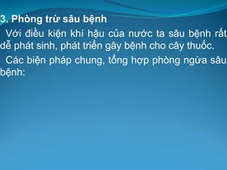 3. Phòng trừ sâu bệnh
Với điều kiện khí hậu của nước ta sâu bệnh rất
dễ phát sinh, phát triển gây bệnh cho cây thuốc.
Các biện pháp chung, tổng hợp phòng ngừa sâu
bệnh:
 