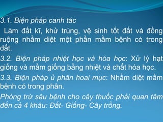 3.1. Biện pháp canh tác
Làm đất kĩ, khử trùng, vệ sinh tốt đất và đồng
ruộng nhằm diệt một phần mầm bệnh có trong
đất.
3.2. Biện pháp nhiệt học và hóa học: Xử lý hạt
giống và mầm giống bằng nhiệt và chất hóa học.
3.3. Biện pháp ủ phân hoai mục: Nhằm diệt mầm
bệnh có trong phân.
Phòng trừ sâu bệnh cho cây thuốc phải quan tâm
đến cả 4 khâu: Đất- Giống- Cây trồng.
 