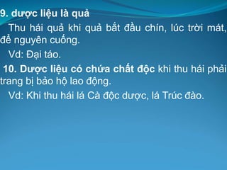 9. dược liệu là quả
Thu hái quả khi quả bắt đầu chín, lúc trời mát,
để nguyên cuống.
Vd: Đại táo.
10. Dược liệu có chứa chất độc khi thu hái phải
trang bị bảo hộ lao động.
Vd: Khi thu hái lá Cà độc dược, lá Trúc đào.
 