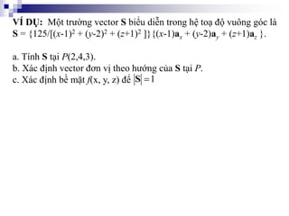 VÍ DỤ: Một trường vector S biểu diễn trong hệ toạ độ vuông góc là
S = {125/[(x-1)2 + (y-2)2 + (z+1)2 ]}{(x-1)ax + (y-2)ay + (z+1)az }.
a. Tính S tại P(2,4,3).
b. Xác định vector đơn vị theo hướng của S tại P.
c. Xác định bề mặt f(x, y, z) để 1

S
 