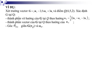 VÍ DỤ:
Xét trường vector và điểm Q(4,5,2). Xác định
G tại Q:
- thành phần vô hướng của G tại Q theo hướng ;
- thành phần vector của G tại Q theo hướng của ;
- Góc giữa G(rQ) và aN.
z
y
x x
y a
a
a
G 3
5
,
2 


 
z
y
x
N a
a
a
a 2
2
3
1



N
a
Ga

 