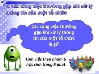 Các công việc thường
gặp khi xử lý thông
tin của một tổ chức
là gì?
Làm việc theo nhóm 6
học sinh trong 5 phút

 