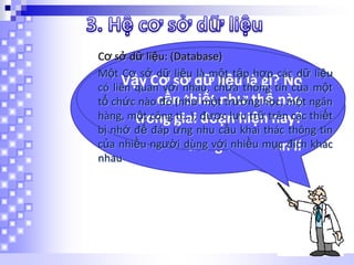 Cơ sở dữ liệu: (Database)
Cần dữ liệu là lập được các
Một Cơ sở phải tạomột tập hợp các dữ liệu
Vậy Cơ sở dữ liệu là gì? Nó
có liên quan với nhau, chứa thông tin của một
phương thức mô tả, cấu
tổ chức nào cần thiết như thế nào ngân
đó (như một trường học, một
trúc dữ liệu để có thể sử
hàng, một công giai được lưu trữ trên các thiết
trong ti…), đoạn hiện nay?
bị nhớ để dụng máy tính trợ giúp
đáp ứng nhu cầu khai thác thông tin
của nhiều người dùng vớiviệc quản lí khác
trong nhiều mục đích
nhau

 