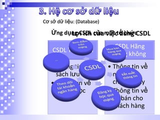 Cơ sở dữ liệu: (Database)

Ứng dụng CSDL của một tổ chứcCSDL
Lợi ích của việc dùng

CSDL Thư viện

• Thông tin về
sách lưu trữ
• Thông tin về
người đọc

CSDL Hãng
hàng không
• Thông tin về
những
chuyến bay
• Thông tin về
vé bán cho
khách hàng

 