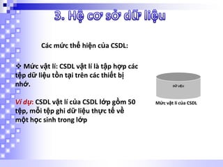 Các mức thể hiện của CSDL:

 Mức vật lí: CSDL vật lí là tập hợp các
tệp dữ liệu tồn tại trên các thiết bị
nhớ.
Ví dụ: CSDL vật lí của CSDL lớp gồm 50
tệp, mỗi tệp ghi dữ liệu thực tế về
một học sinh trong lớp

DỮ LIỆU

Mức vật lí của CSDL

 