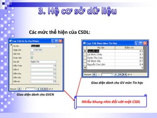 Các mức thể hiện của CSDL:

Giao diện dành cho GV môn Tin học

Giao diện dành cho GVCN

Nhiều khung nhìn đối với một CSDL

 
