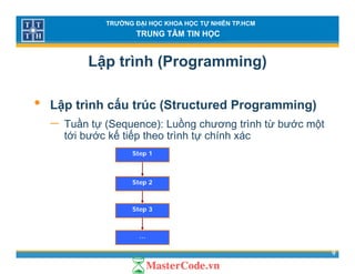 TRƯỜNG ĐẠI HỌC KHOA HỌC TỰ NHIÊN TP.HCM
TRUNG TÂM TIN HỌC
Lập trình (Programming)
• Lập trình cấu trúc (Structured Programming)
ầ ồ− Tuần tự (Sequence): Luồng chương trình từ bước một
tới bước kế tiếp theo trình tự chính xác
Step 1Step 1
Step 2
Step 3
9
…
 