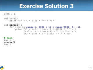 15
Exercise Solution 3
SIZE = 4
def bar():
print "#" + 4 * SIZE * "=" + "#"
def mirror():
for line in range(1, SIZE + 1) + range(SIZE, 0, -1):
print "|" + (-2 * line + 2 * SIZE) * " " + 
"<>" + (4 * line - 4) * "." + "<>" + 
(-2 * line + 2 * SIZE) * " " + "|"
# main
bar()
mirror()
bar()
 
