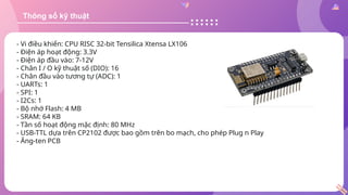 Thông số kỹ thuật
- Vi điều khiển: CPU RISC 32-bit Tensilica Xtensa LX106
- Điện áp hoạt động: 3.3V
- Điện áp đầu vào: 7-12V
- Chân I / O kỹ thuật số (DIO): 16
- Chân đầu vào tương tự (ADC): 1
- UARTs: 1
- SPI: 1
- I2Cs: 1
- Bộ nhớ Flash: 4 MB
- SRAM: 64 KB
- Tần số hoạt động mặc định: 80 MHz
- USB-TTL dựa trên CP2102 được bao gồm trên bo mạch, cho phép Plug n Play
- Ăng-ten PCB
 