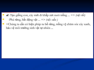  -Tạo giống con, cây mới đi khắp nơi nuôi trồng ...  => (việc tốt) -Phá rừng, bắt động vật ...  => (việc xấu ) +Chúng ta cần có biện pháp tu bổ rừng, trồng và chăm sóc cây xanh, bảo vệ môi trường sinh vật tự nhiên ...  